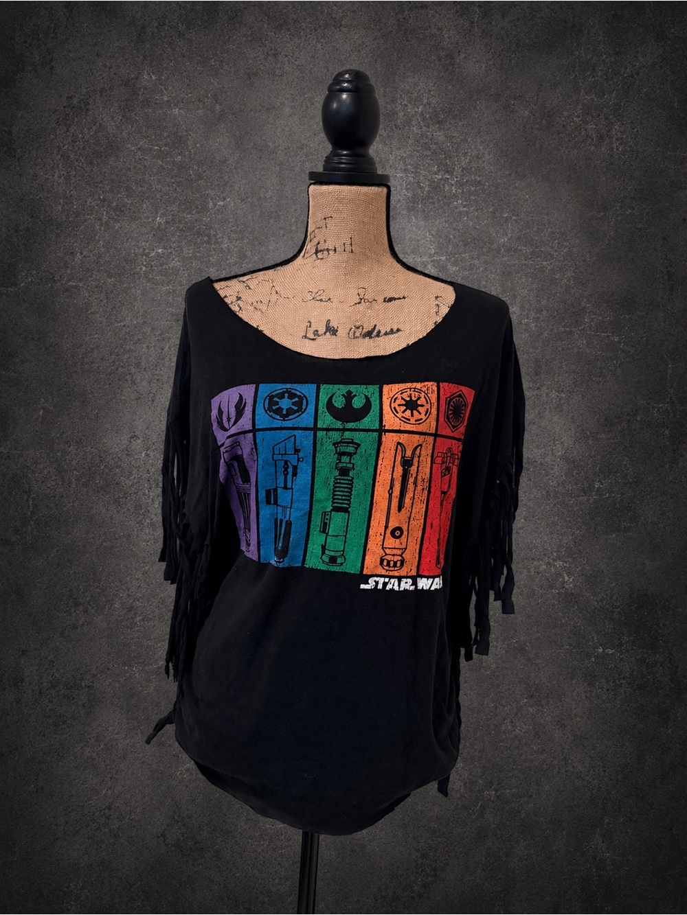 Star Wars Black Fringe Sleeve Womens Tee with Rainbow Graphic